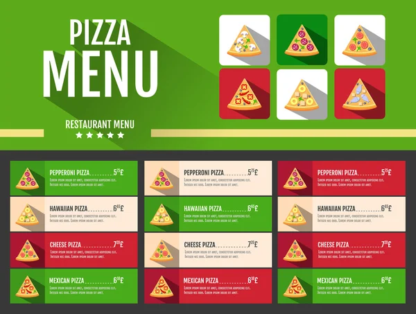 Platt stil snabbmat pizza meny design — Stock vektor