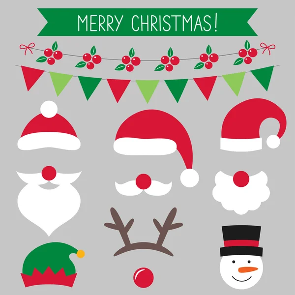 Kerstset, Santa hoeden en decoratie — Stockvector