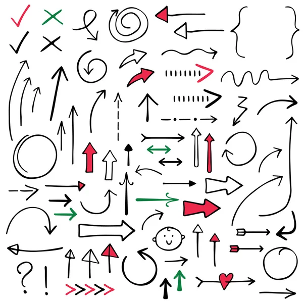 Flechas de garabato aisladas (rojas, negras y verdes), dibujadas a mano — Vector de stock