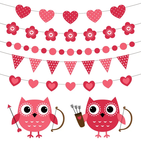 バレンタインの日の装飾とフクロウのキューピッド — ストックベクタ