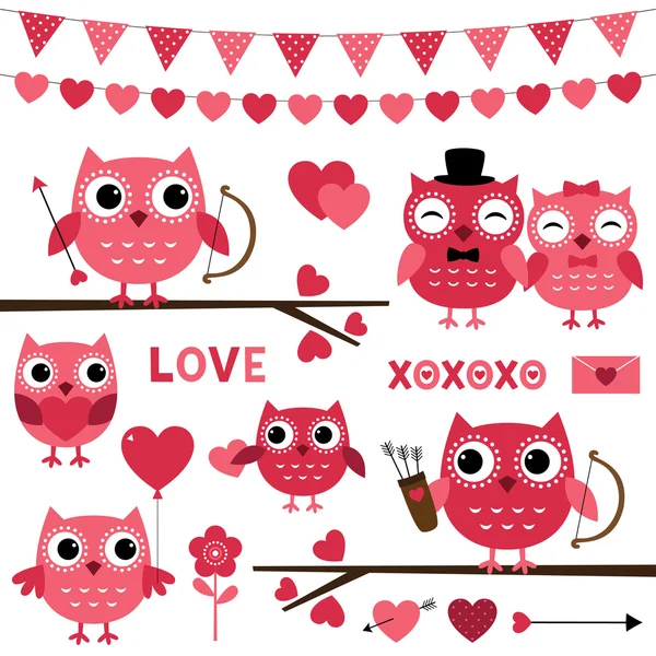 Roze Valentine uilen en romantische decoratie — Stockvector