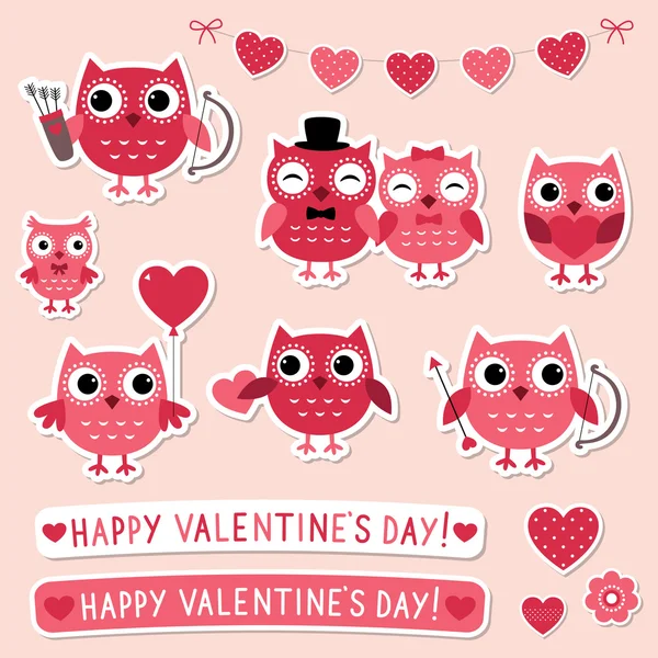 Pegatinas de San Valentín con búhos — Vector de stock