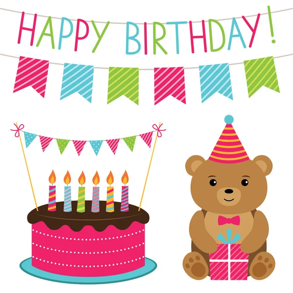 Geburtstags-Set mit Teddybär und Kuchen — Stockvektor