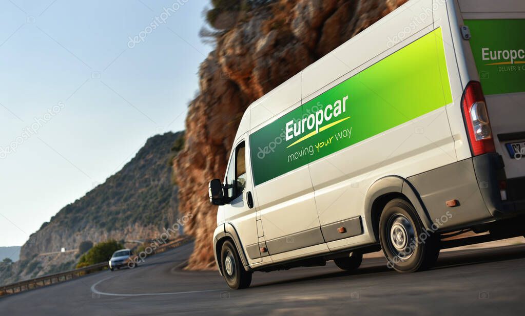 Kas / Turkey - 10.08.18: Van of Europcar - rental car service which speeding by countryside