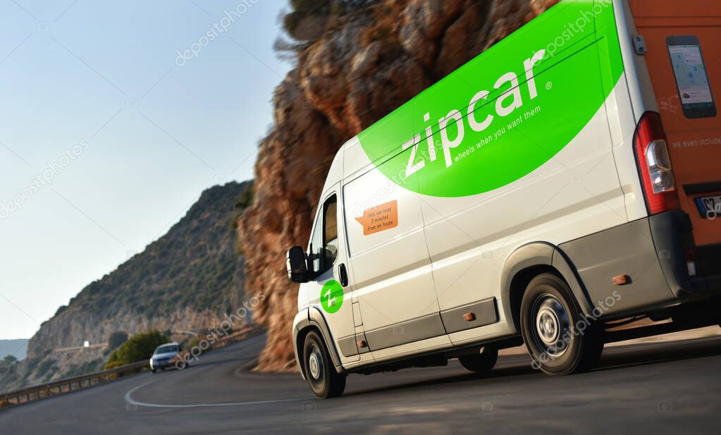 Kas / Turkey - 10.08.18: Van of Zipcar - rental car service which speeding by countryside