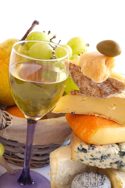 Cheese, wine and fruits — Stock Photo, Image