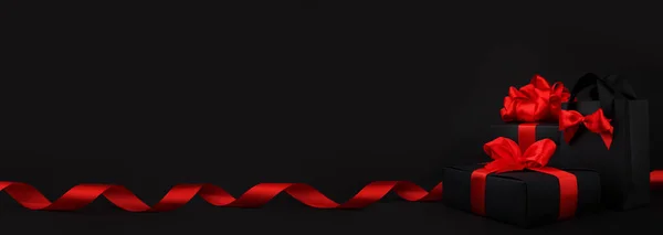 Подарункова Коробка Загорнута Чорний Папір Червоною Стрічкою Чорному Тлі Дизайнерський — стокове фото