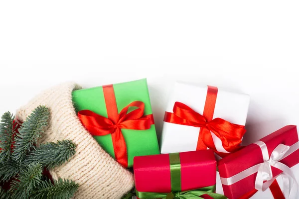 Weihnachtsstrumpf Rot Und Weiß Gestrickt Handgemachte Wollsocken Tanne Baum Und — Stockfoto