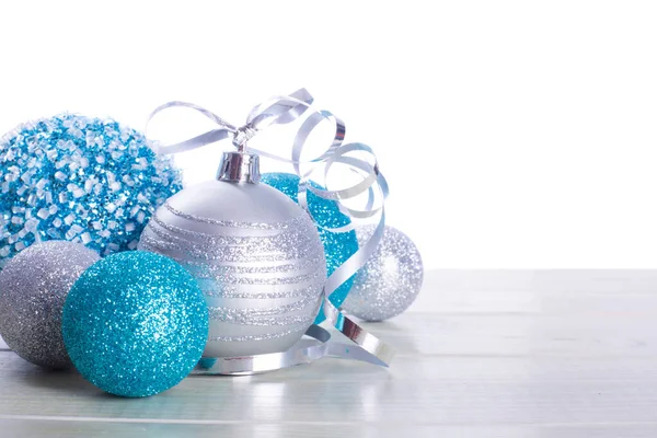 Christmas Decoration Colorful Glitter Balls Wooden Background Copy Space Text — Stock Photo, Image