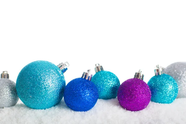 Blue Silver Christmas Balls Snow Studio Isolated White Background Copy — Stock Photo, Image