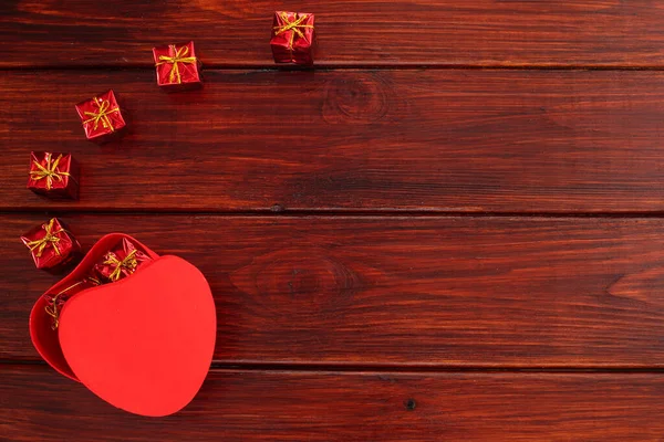 Heart Shaped Red Box Valentines Day Gift Dark Wooden Table — Stock Photo, Image