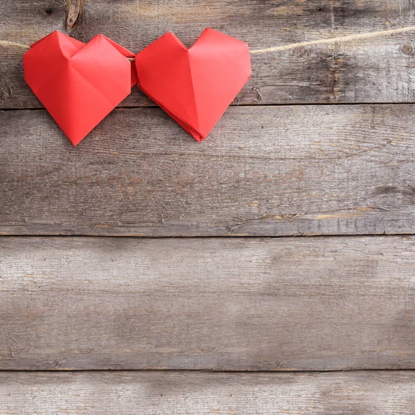 Red Origami Hearts Rope Wooden Background Valentines Day Concept Copy — Stock Photo, Image