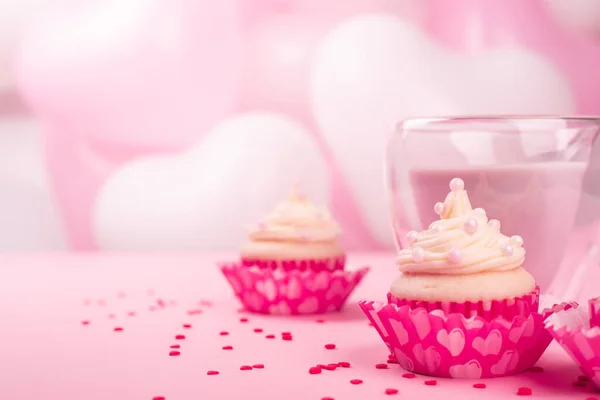 Valentine Day Love Cupcake Decorated Cream Hot Chocolate Pink Heart — Stock Photo, Image