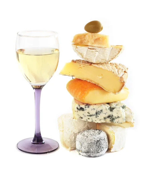 Στοίβα ανάμικτες τυρί και κρασί — Φωτογραφία Αρχείου