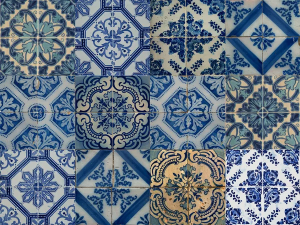 Collage van blauwe patroonelementen in Portugal — Stockfoto