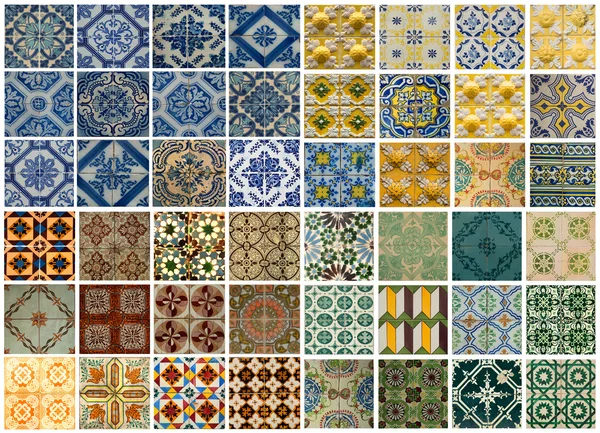 Collage de diferentes azulejos de patrón de colores en Portugal — Foto de Stock