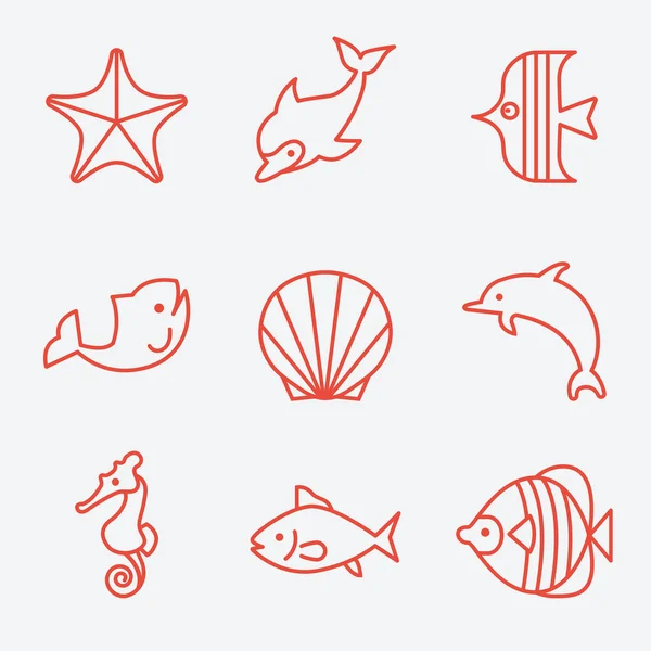 Iconos de fauna marina y peces . — Vector de stock