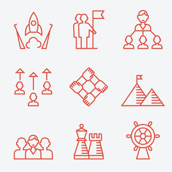 Estrategia de negocio e iconos de trabajo en equipo, diseño plano de línea delgada — Archivo Imágenes Vectoriales