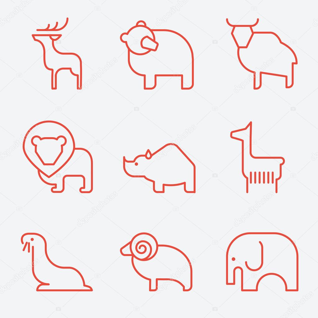 Wild animal icons, thin line style, flat design