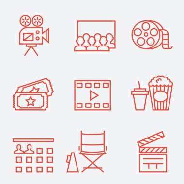 Sinema simgeler, ince çizgi stili, düz tasarım