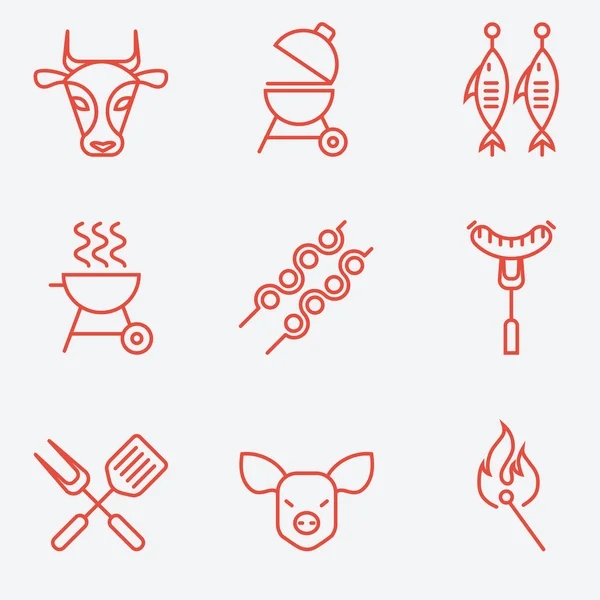 Conjunto de ícones de churrasco e churrasqueira, estilo de linha fina, design plano — Vetor de Stock