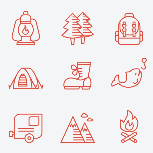 Iconos de camping, estilo de línea delgada, diseño plano — Vector de stock