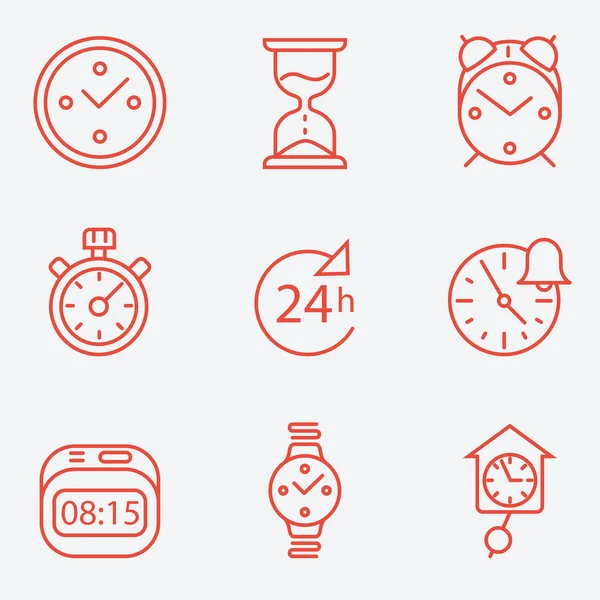 Icônes de temps et d'horloge, design plat, style de ligne mince — Image vectorielle