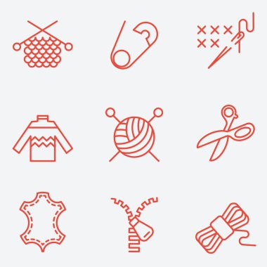 Knitting and needlework icons, thin line style, flat design clipart