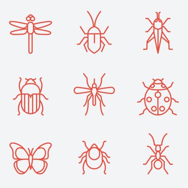 Insect icon set, thin line style, flat desig clipart
