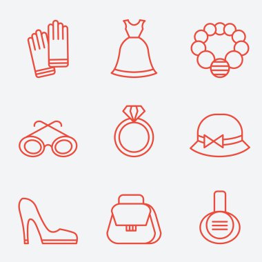 Bayan moda aksesuarları, ince çizgi simgeler, düz tasarım