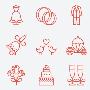 Düğün simgeler, ince çizgi stili, düz tasarım