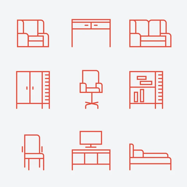 Iconos de muebles, estilo de línea delgada, diseño plano — Vector de stock