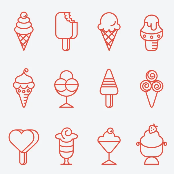 Set de helados, iconos de línea delgada, diseño plano — Vector de stock