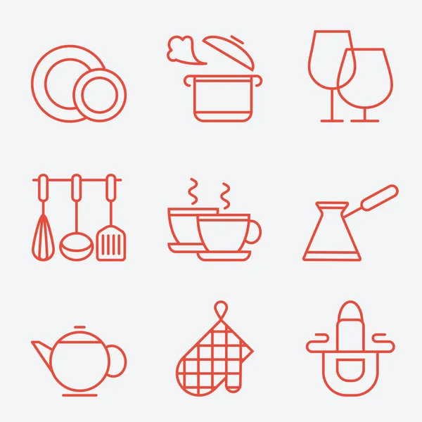 Alat dapur ikon, garis tipis gaya, desain datar - Stok Vektor