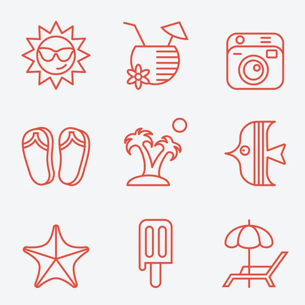Icônes de voyage et de plage, style ligne mince, design plat — Image vectorielle