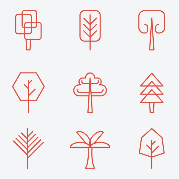 Iconos de árbol, diseño plano, estilo de línea delgada — Vector de stock