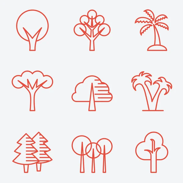 Iconos de árbol, diseño plano, estilo de línea delgada — Archivo Imágenes Vectoriales