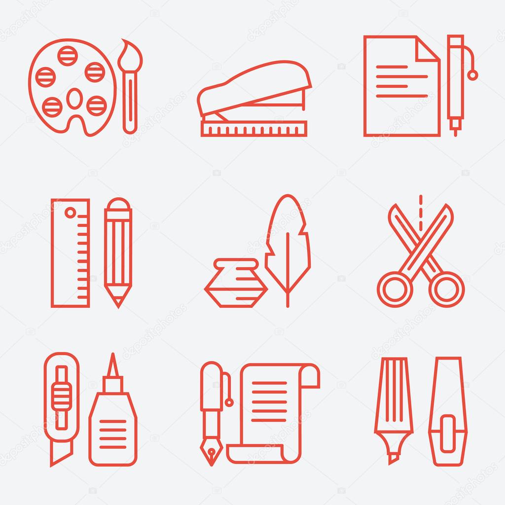 Stationery icons, thin line style, modern flat design