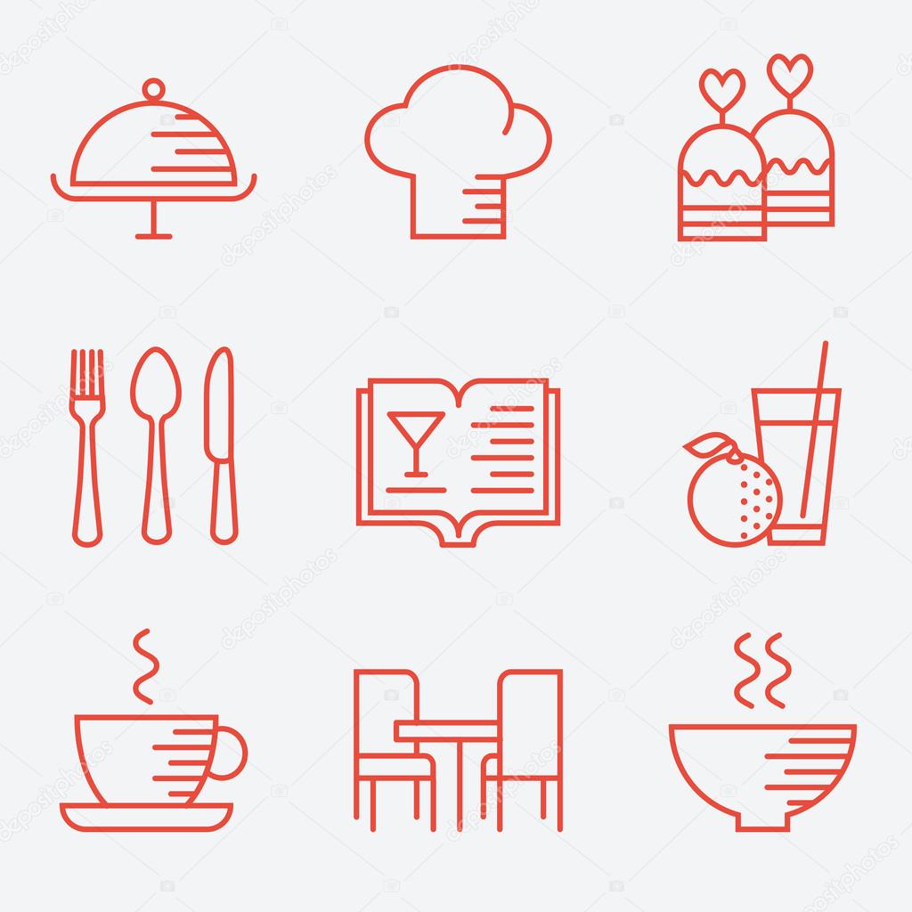 Restaurant icons, thin line style, flat design