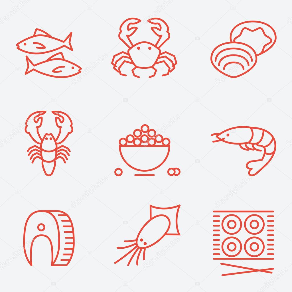 Seafood icons, thin line style, flat design