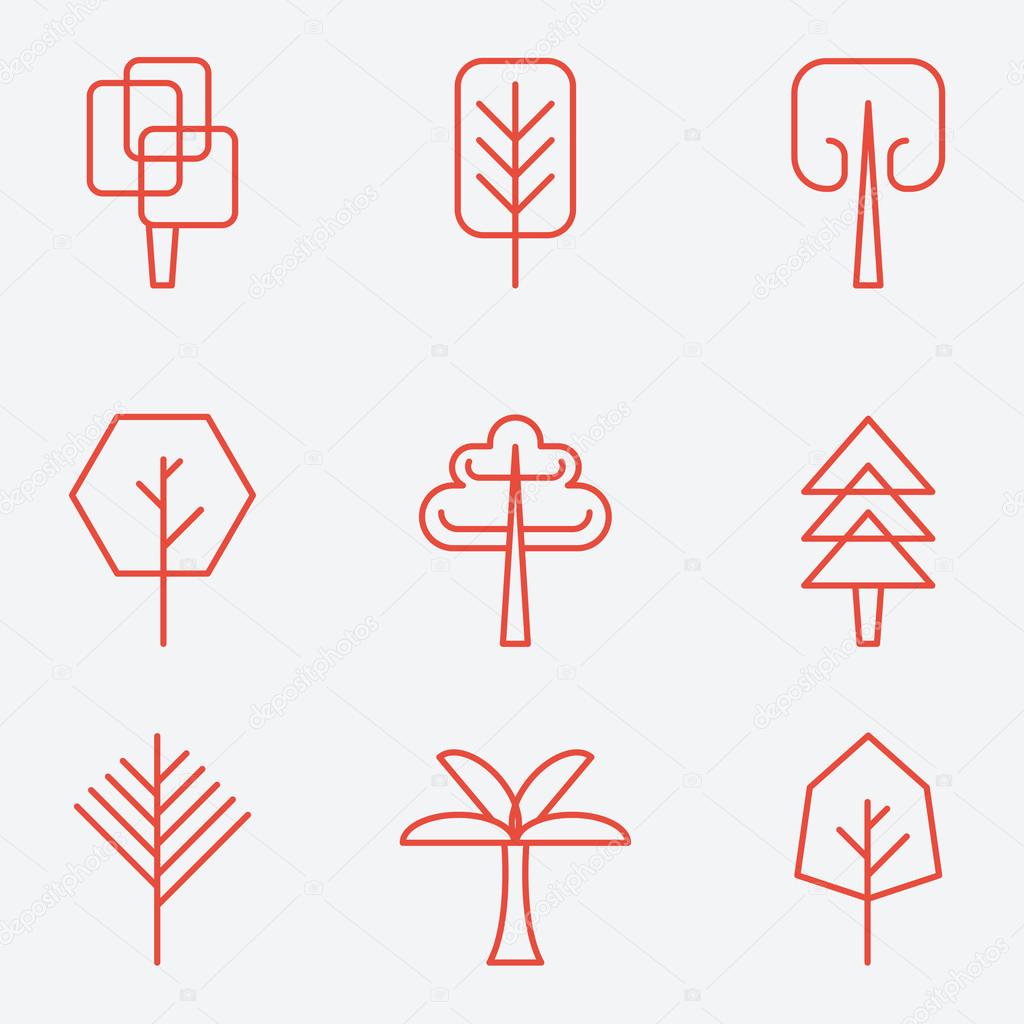 Tree icons, flat design, thin line style