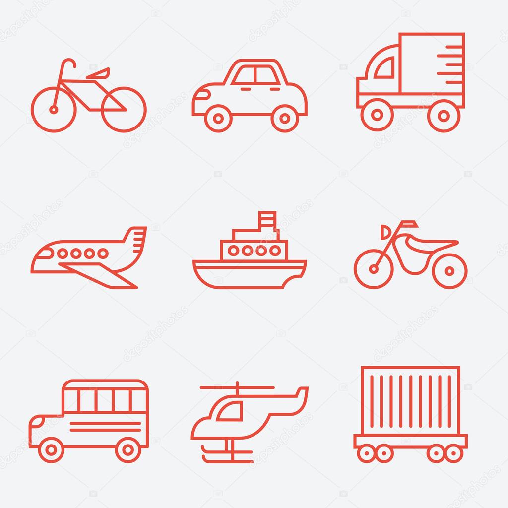 Transport icons, thin line style, flat design