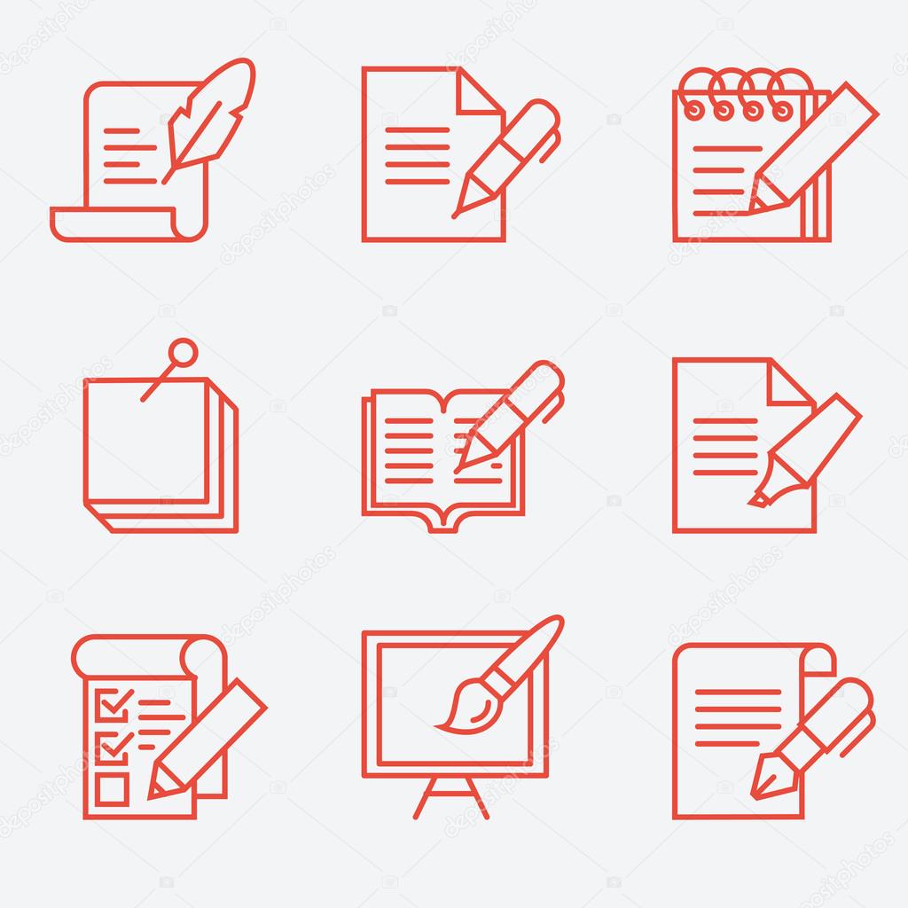 Writing tools icons, thin line style, flat design