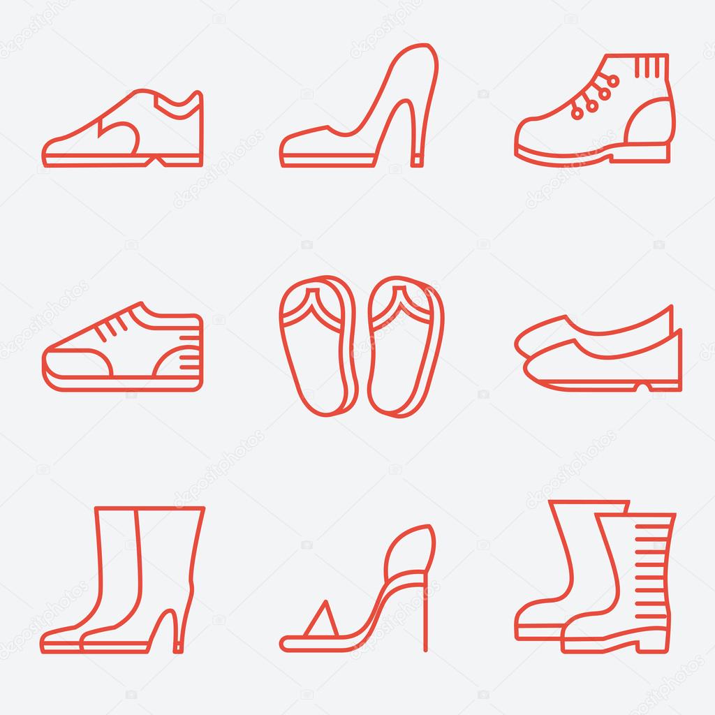 Footwear icons, thin line style, flat design
