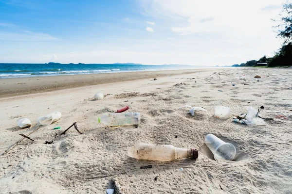Dirty sea sandy shore ,Environmental pollution,Plastic water bottles pollution in ocean