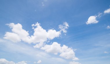 Açık mavi gökyüzü ve bulutların panoramik görüntüsü, arka planda bulutlar.