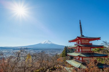 Fuji Dağı, Japonya 'nın ikonik sembolü, sonbahar yaprakları mevsiminde, fevkalade güzel bir dönem. kawaguchiko, japan.