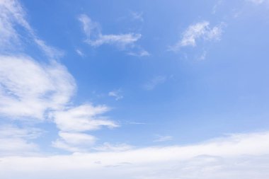 Açık mavi arkaplan, arka planda bulutlar, küçük bulutlu mavi gökyüzü arkaplanı. Mavi gökyüzünde beyaz kabarık bulutlar. 