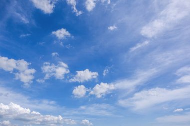 Açık mavi arkaplan, arka planda bulutlar, küçük bulutlu mavi gökyüzü arkaplanı. Mavi gökyüzünde beyaz kabarık bulutlar.