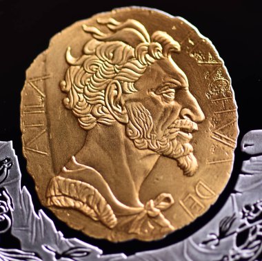 Hunlar Kralı Atilla 'nın bir portresi, bir Kazak sikkesi üzerinde.